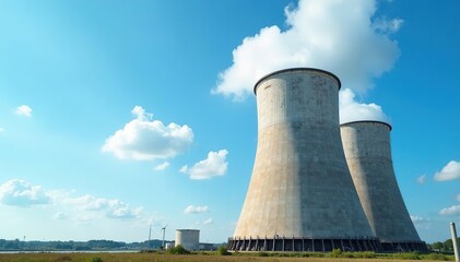 Fototapeta premium Large industrial cooling tower against a blue sky Efficient heat dissipation, energy production, industrial infrastructure , blue sky, outside, plant