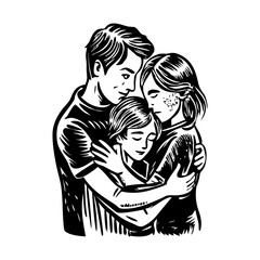 A vintage illustration showing warm family hug 