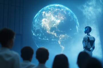 Futuristic classroom with ai robot assisting in education and global connectivity