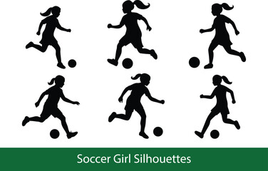 Soccer Girl Silhouettes. Kids Playing Football Vector Icons Set