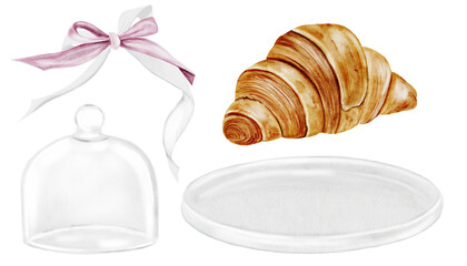 Croissant watercolor set. Hand drawn fresh french bun with a white plate, cloche and pink bow. Food clip art. Ideal for bakery prints, postcards and pastry shop posters.
