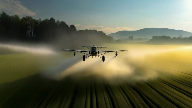 Crop dusting airplane spraying pesticide over green agricultural field at sunrise. Aerial view of farming technology for pest control in agriculture