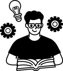 black and white illustration of a man with glasses is reading a book