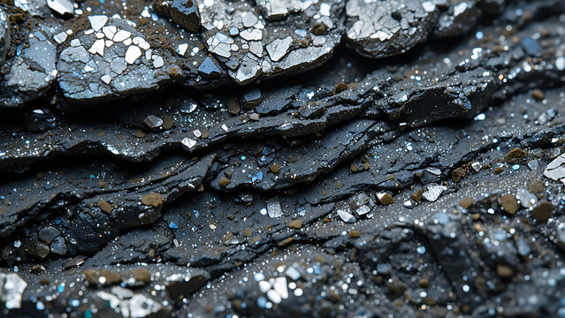 Macro image of foliated mica schist rock, displaying reflective mineral layers with silver and dark coloration