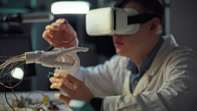 An engineer is immersed in virtual reality while manipulating a robotic hand in a modern laboratory. This activity showcases advancements in technology and engineering