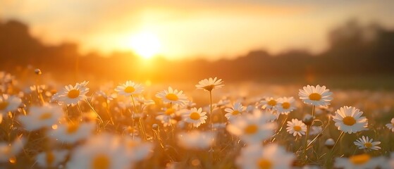 Sunset daisies field, nature peace