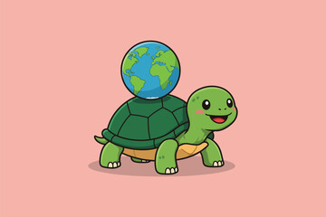 Turtle with World Shell Cartoon Vector Icon Illustration
