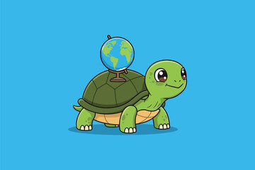 Turtle with World Shell Cartoon Vector Icon Illustration