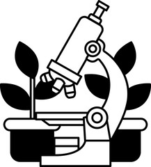 isolate black and white illustration of a microscope placed next to a plant