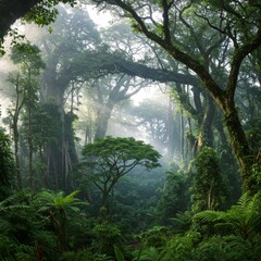 Fototapeta premium Lush Green Tropical Forest with Sunlight Beams