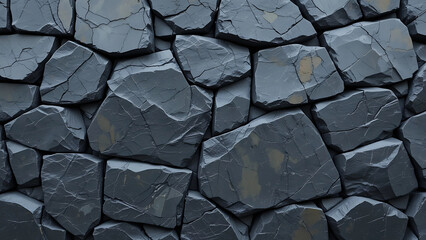 Detailed view of basalt rock formation, featuring columnar jointing with dark gray fractured surfaces, indicative of volcanic activity