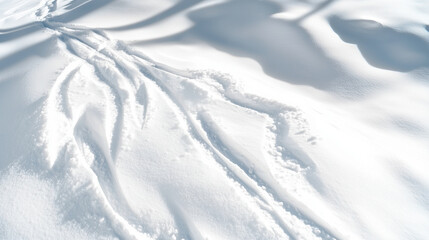 Fototapeta premium Fresh snow covers ground, showcasing intricate patterns and trails left by movement, creating serene winter landscape