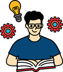 A man with glasses is reading a book