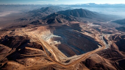 A High Resolution image of aerial view of expansive open-pit copper mine in the Atacama desert, Chile, mining, industry, copper, excavation, desert.
