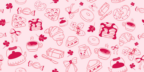 Coquette hand drawn seamless pattern, cute breakfast with croissants, pancakes, coffee, and sweets on a pink background for fabric, textile, clothing, poster, cover, banner.