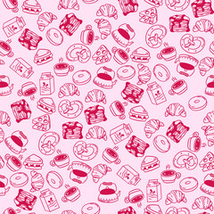 Cute coquette pink seamless pattern featuring hand drawn bakery, tea, and coffee doodle elements. Perfect for food themed designs and backgrounds.