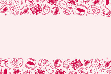 Pink line art border of breakfast items including croissants, donuts, and coffee cups. Perfect for menus, recipes, or a sweet background.