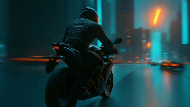 A high tech biker riding down a futuristic cityscape