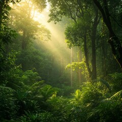 Obraz premium Lush Green Tropical Forest Bathed in Sunlight