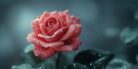 Elegant red rose with dew drops on cold blue background 