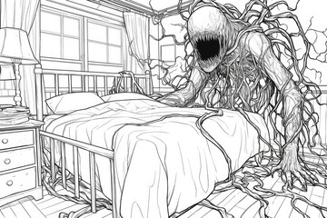 A monstrous figure looms over a bed in a detailed line drawing.