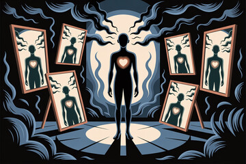 A man stands in front of a mirror with a heart on his chest