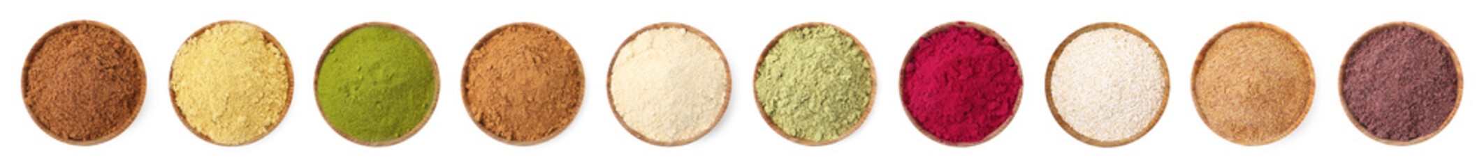 Different superfood powders in bowls on white background, set. Top view