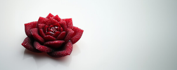 Elegant red rose with dew drops, perfectly centered on a pure white background