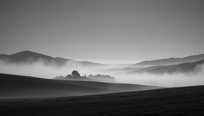 Minimalist black and white landscape, subtle gradients, soft fog, tranquil atmosphere, 8K