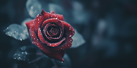 Elegant red rose with dew drops on cold blue background 