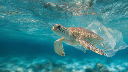 Fototapeta premium Turtle swimming near plastic bag in ocean, danger to marine life