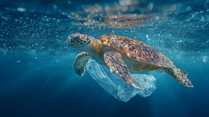 Turtle swimming near plastic bag in ocean, danger to marine life