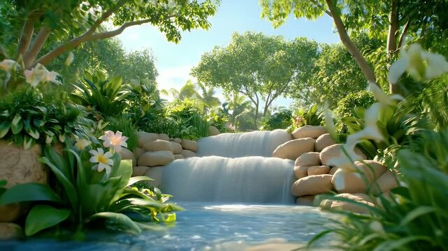 Waterfall flowing through lush tropical garden