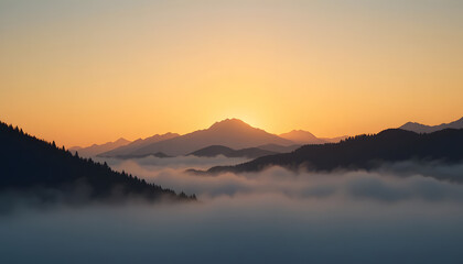 Minimalist mountain silhouette, soft fog, warm sunrise