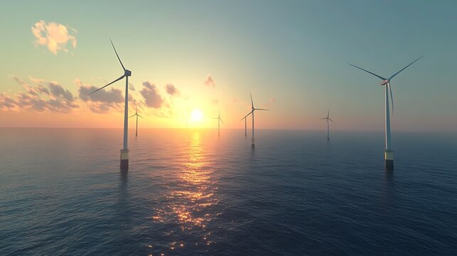 Offshore wind farm glows at sunset with vision of clean energy for sustainable power green innovation renewable resources eco-friendly future environment concept. - Powered by Adobe