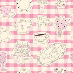 Seamless vector gingham pattern in pink color with teapot, cups, cake, flowers. Soft country chequered background with whimsical food. Coquette picnic blanket, tablecloth, wallpaper, wrapping paper
