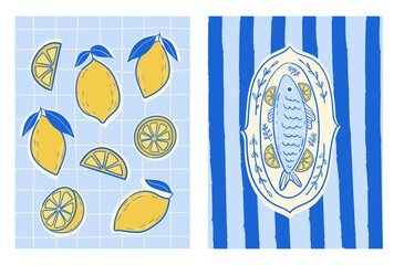 Abstract food posters with fish on plate and fresh lemons. Contemporary art prints in colorful whimsical style. Italian dolce vita dinner wall art. Vector graphic