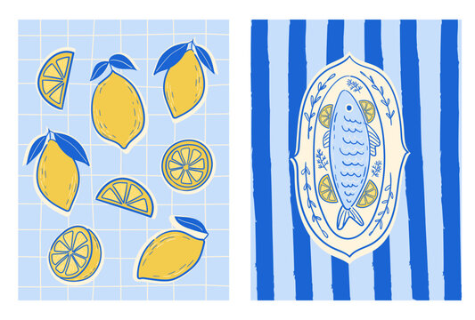 Naklejki Abstract food posters with fish on plate and fresh lemons. Contemporary art prints in colorful whimsical style. Italian dolce vita dinner wall art. Vector graphic