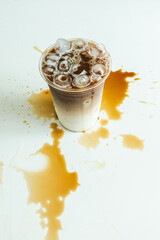 Blur out of focus glass of iced coffee spilling on a white table abstract caffeine drink Vertical photography