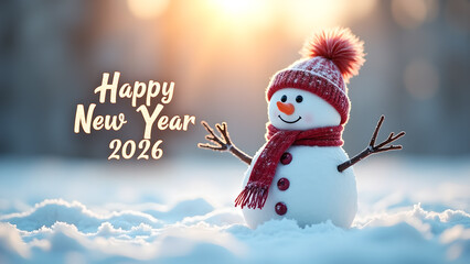 Delightful Snowman in Winter Landscape Celebrating Happy New Year 2026