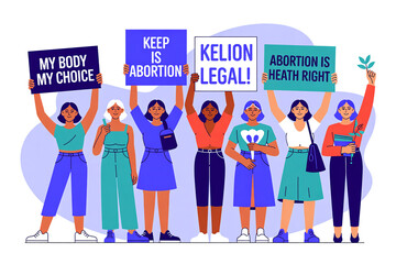 A group of women holding signs that say "My body is my choice"