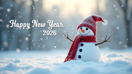 Festive Snowman Welcoming the Year 2026 in a Winter Wonderland Setting
