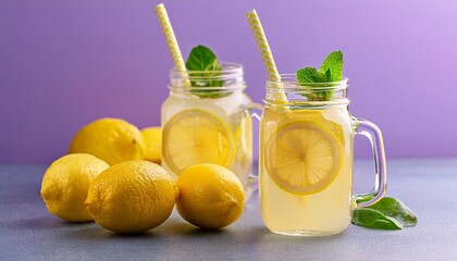 Fresh lemonade in a glass mason jar with lemonade glasses and fresh lemon fruits on lilac background. Generated image