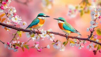 Fototapeta premium A pair of beautiful birds perched on the branches, surrounded by blooming cherry blossoms. The vibrant colors and delicate details make for an enchanting scene.