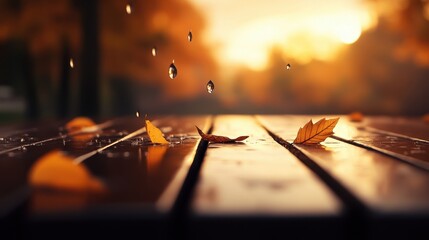 Autumn leaves resting on a wooden table with raindrops falling in a serene park setting