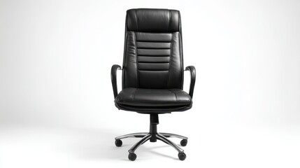 A High Resolution image of black office chair with high backrest, padded seat, and armrests made of metal and plastic, set against white background, designed for comfort and support in.