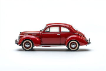 Fototapeta premium Bold red retro car toy, highly detailed with reflections, positioned on a pristine white surface