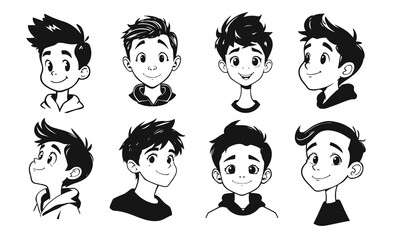 Cute kids faces set, cartoon children, emotional baby expressions, black white characters	