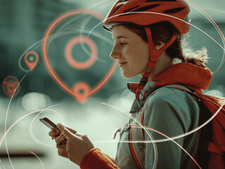 Urban Cycling Adventure: Woman Navigates City with Smartphone for Navigation & Safety in Activewear