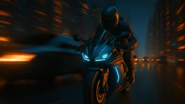A high tech biker riding down a futuristic cityscape